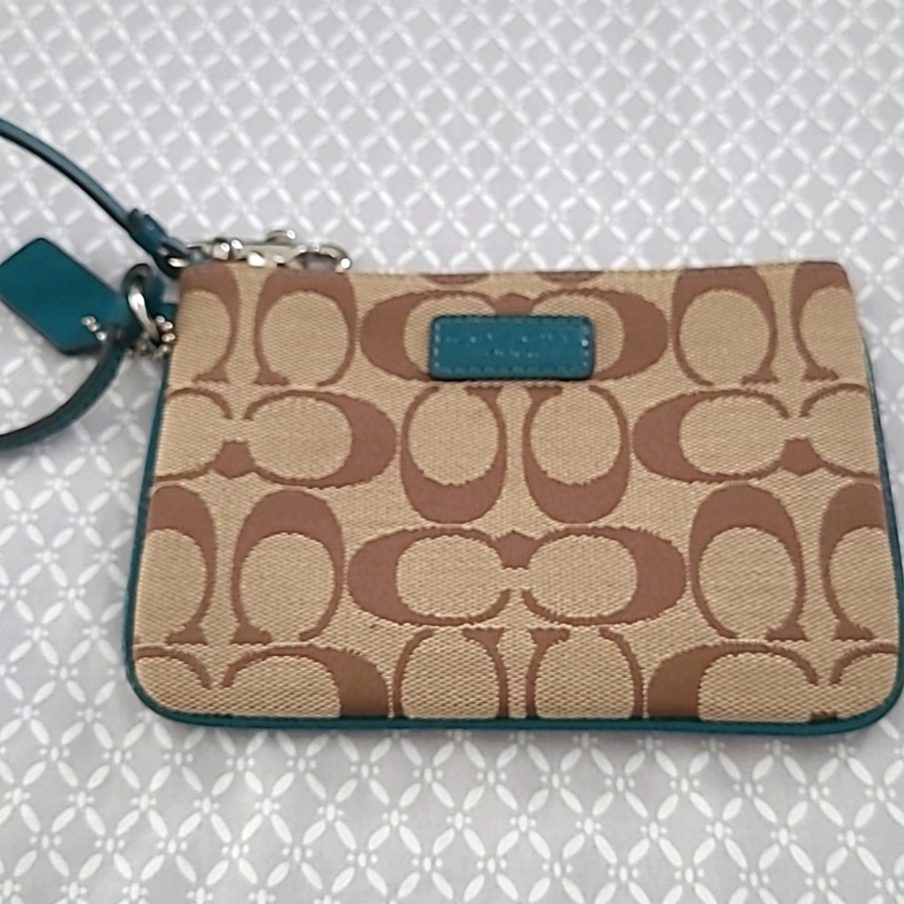 Coach Signature Brown Tan Teal Wristlet